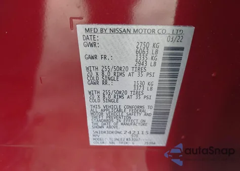 2022 Nissan Pathfinder Platinum 4Wd z USA, uszkodzony, nr VIN 5N1DR3DK0NC242115